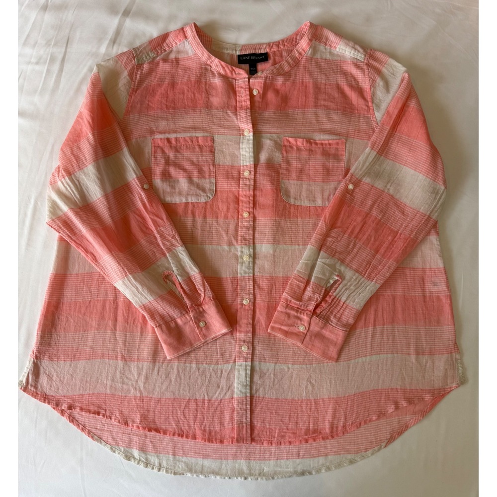 Striped Cotton Button Down Shirt Top Peach Pink Lane Bryant Plus Size 18/20